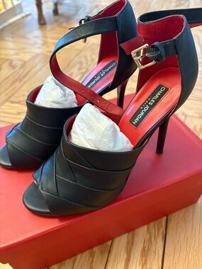 Charles Jourdan Black Leather Open-Toe Strappy High Heels Kiddy - Size 8.5